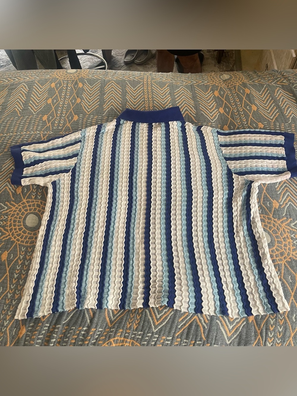 Original Use Blue, Navy and White Striped Knit Button-Up Shirt - Picture 4 of 7